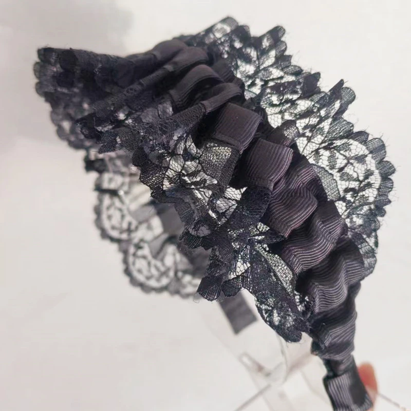 White Lace Pleated Girls Headband Wide Ruffle Sweet Fairy Lolita Princess Hair Accessories Headdress