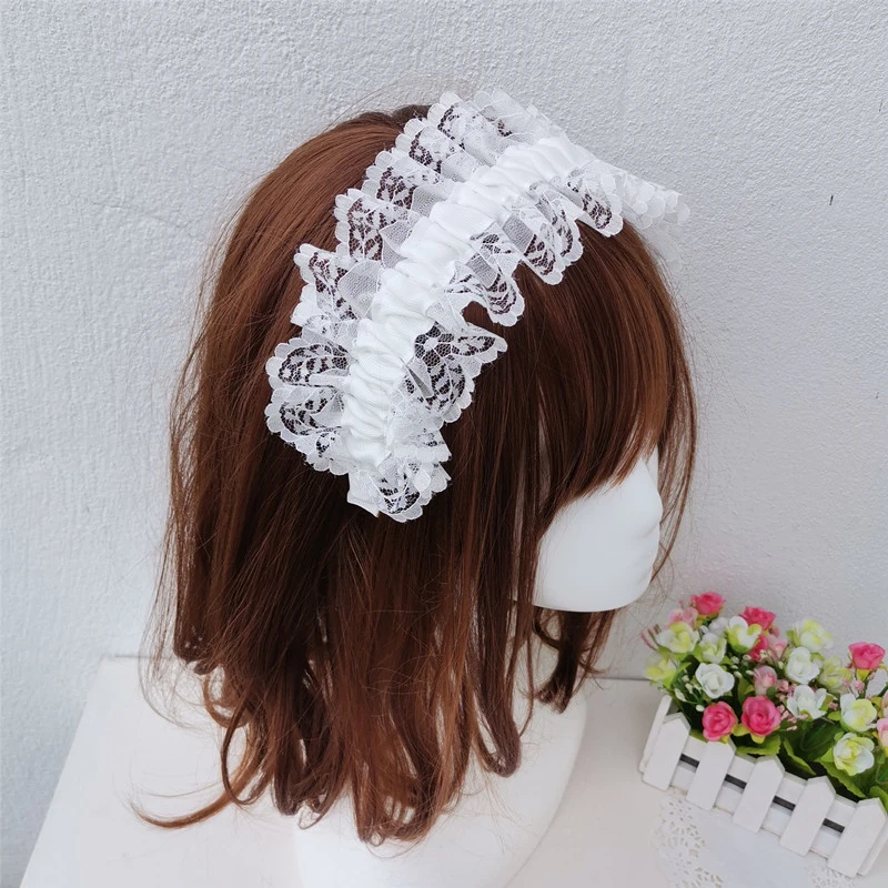 White Lace Pleated Girls Headband Wide Ruffle Sweet Fairy Lolita Princess Hair Accessories Headdress