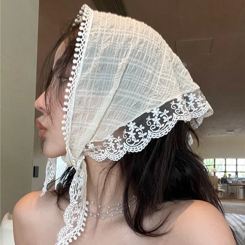 Triangle scarf for women in summer, thin design with sun protection, lace headscarf, French thin design, breathable, versatile h