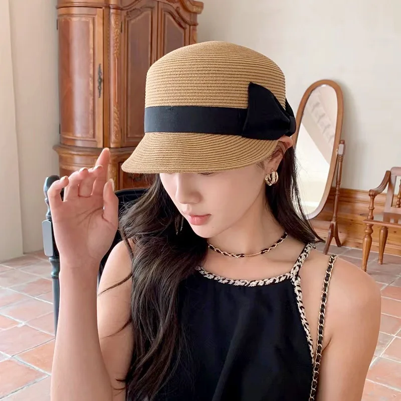 Elegant Straw Hat Women Summer Beach Ladies Casual Long Duck Bowknot Hat Breathable Fashion Sun Hats For Female Equestrian Hat