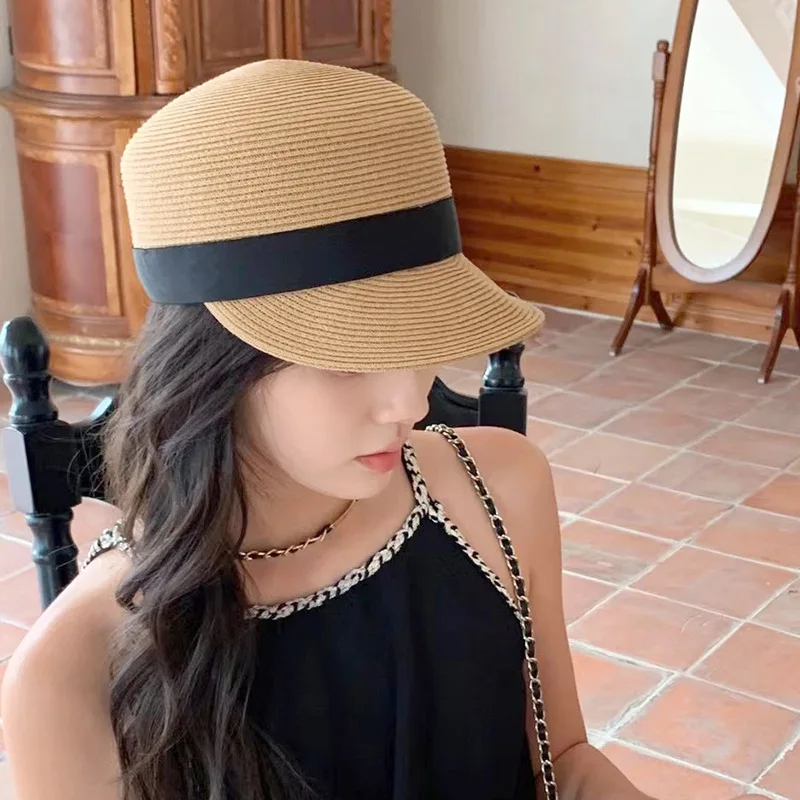 Elegant Straw Hat Women Summer Beach Ladies Casual Long Duck Bowknot Hat Breathable Fashion Sun Hats For Female Equestrian Hat