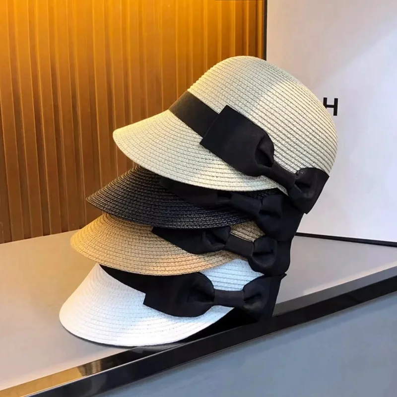Elegant Straw Hat Women Summer Beach Ladies Casual Long Duck Bowknot Hat Breathable Fashion Sun Hats For Female Equestrian Hat