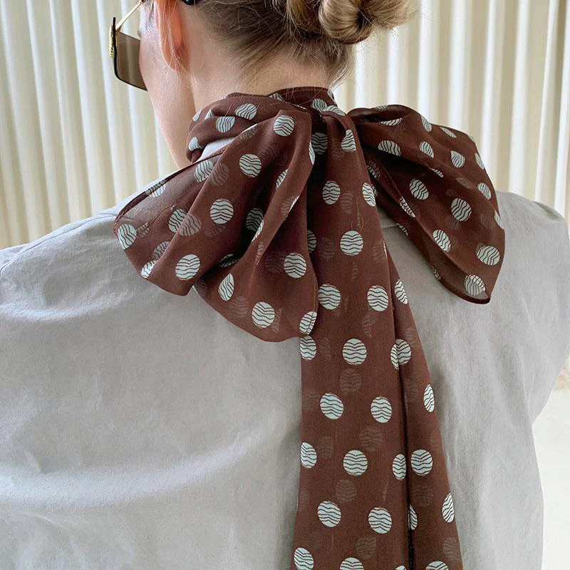 2026 New Ins Style Brown Chiffon Polka Dot Long Silk Scarf Multifunctional Accessory Neck Women's Headband Tie Hair Towel
