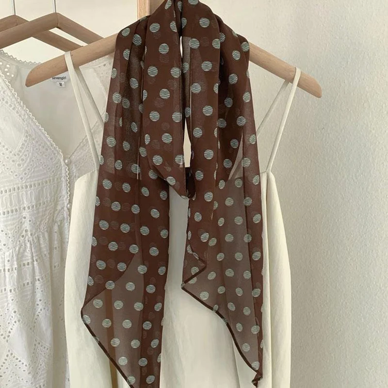 2026 New Ins Style Brown Chiffon Polka Dot Long Silk Scarf Multifunctional Accessory Neck Women's Headband Tie Hair Towel