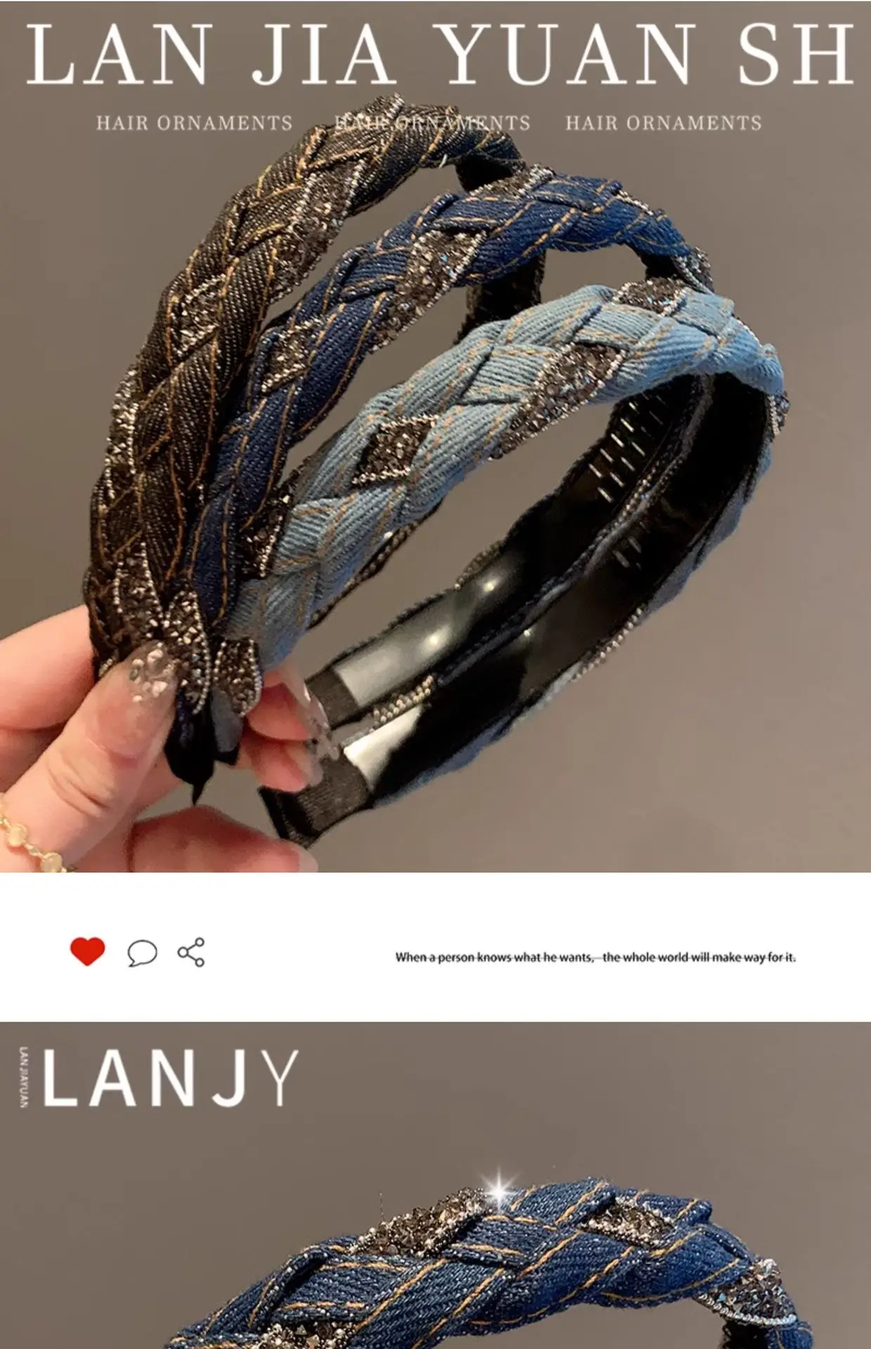 French Vintage Headband hair woman Denim Blue Rhinestone Wrapped Hair Bands Korean style Fried Dough Twists Braid Hair clips