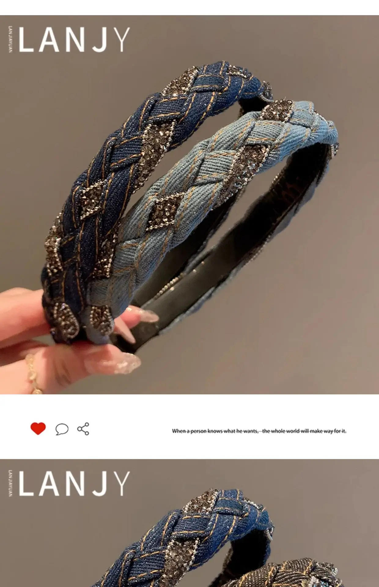 French Vintage Headband hair woman Denim Blue Rhinestone Wrapped Hair Bands Korean style Fried Dough Twists Braid Hair clips