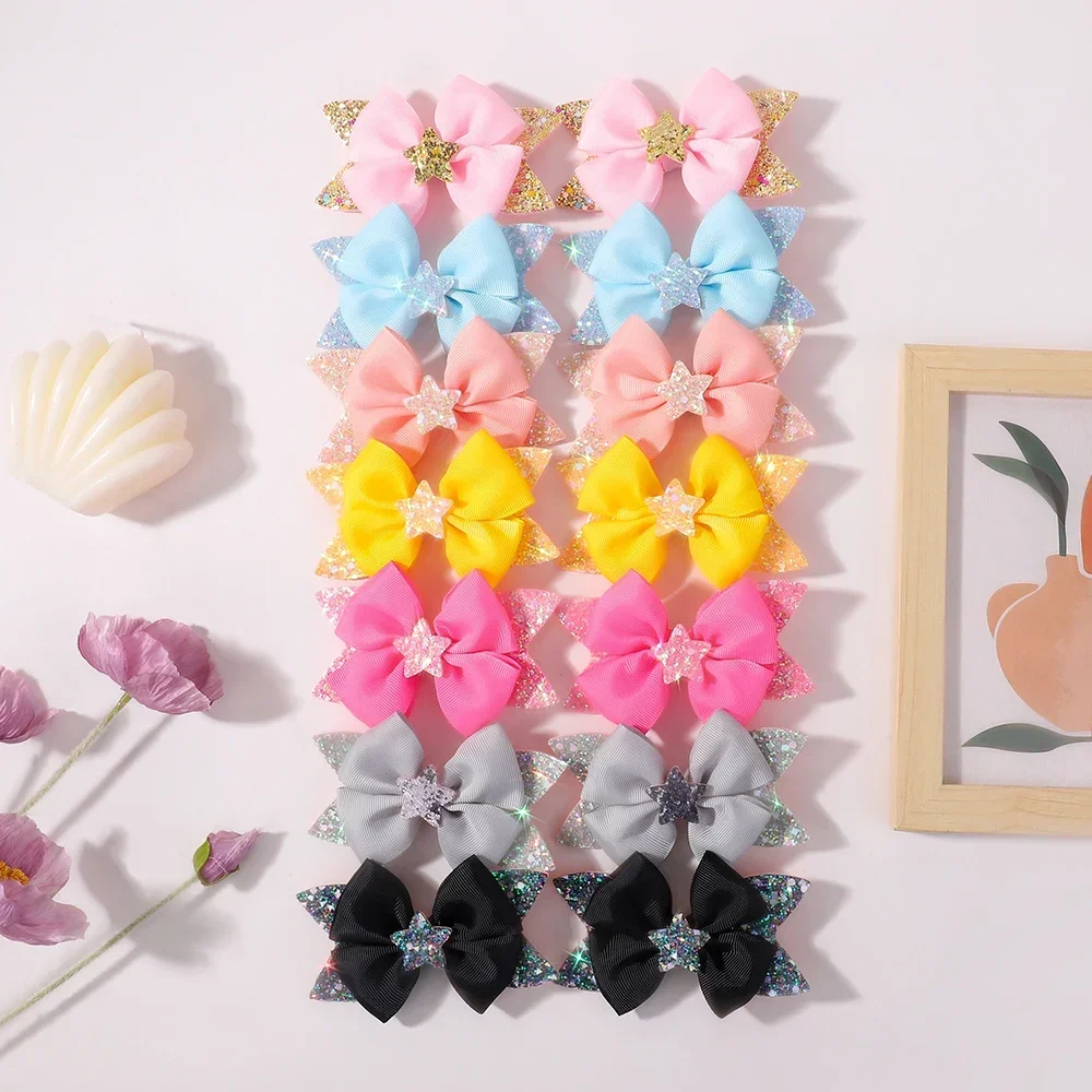 BABY BOWS 2Pcs 4.33inch Star Glitter Bow Hair Clips for Girls Boutique Ribbon Dovetail Barrette Headwear Kids Hair Accessories