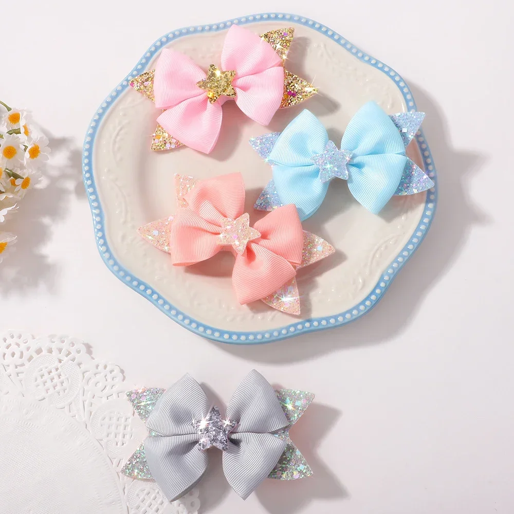 BABY BOWS 2Pcs 4.33inch Star Glitter Bow Hair Clips for Girls Boutique Ribbon Dovetail Barrette Headwear Kids Hair Accessories