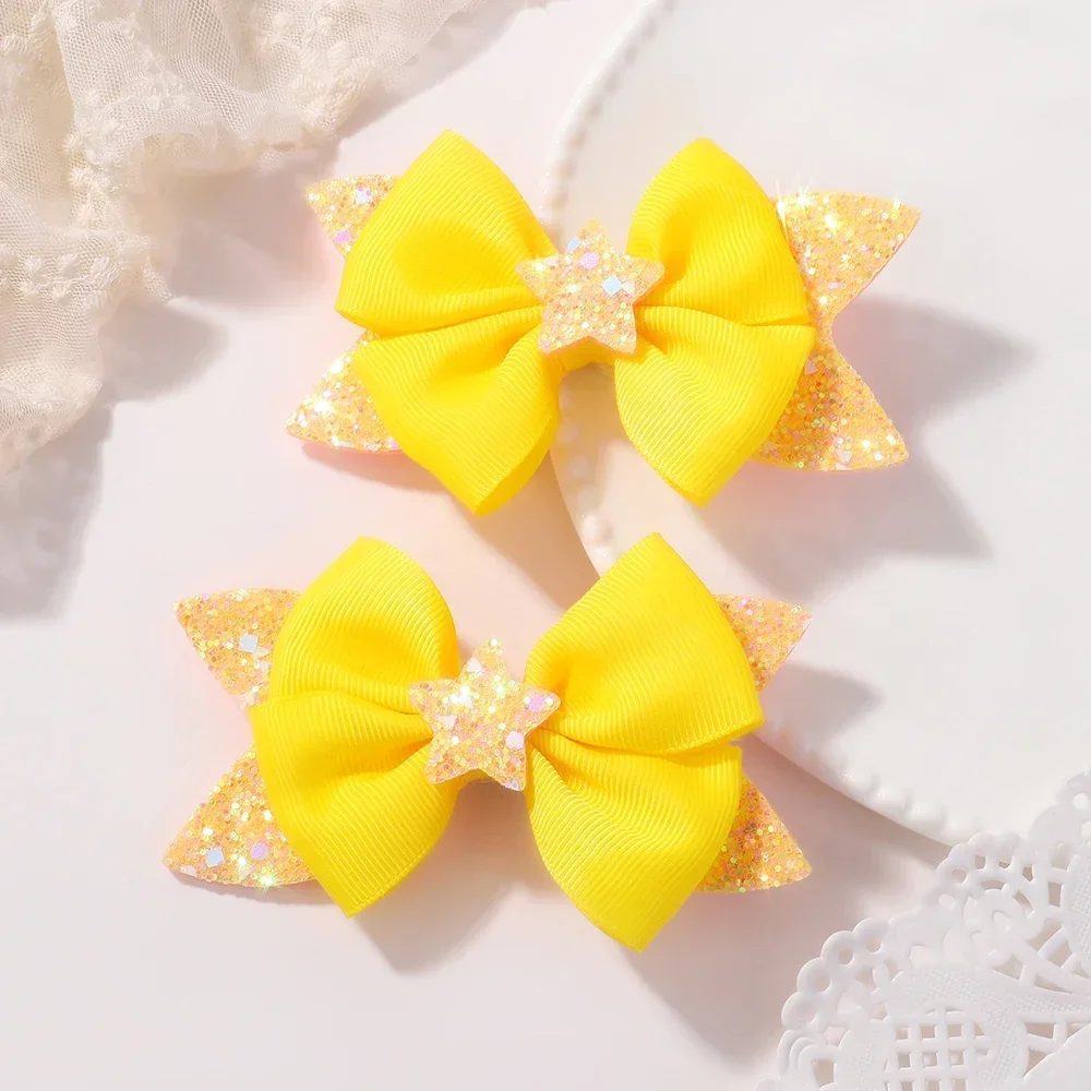 BABY BOWS 2Pcs 4.33inch Star Glitter Bow Hair Clips for Girls Boutique Ribbon Dovetail Barrette Headwear Kids Hair Accessories
