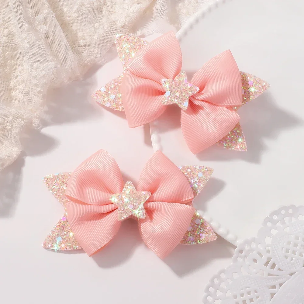 BABY BOWS 2Pcs 4.33inch Star Glitter Bow Hair Clips for Girls Boutique Ribbon Dovetail Barrette Headwear Kids Hair Accessories