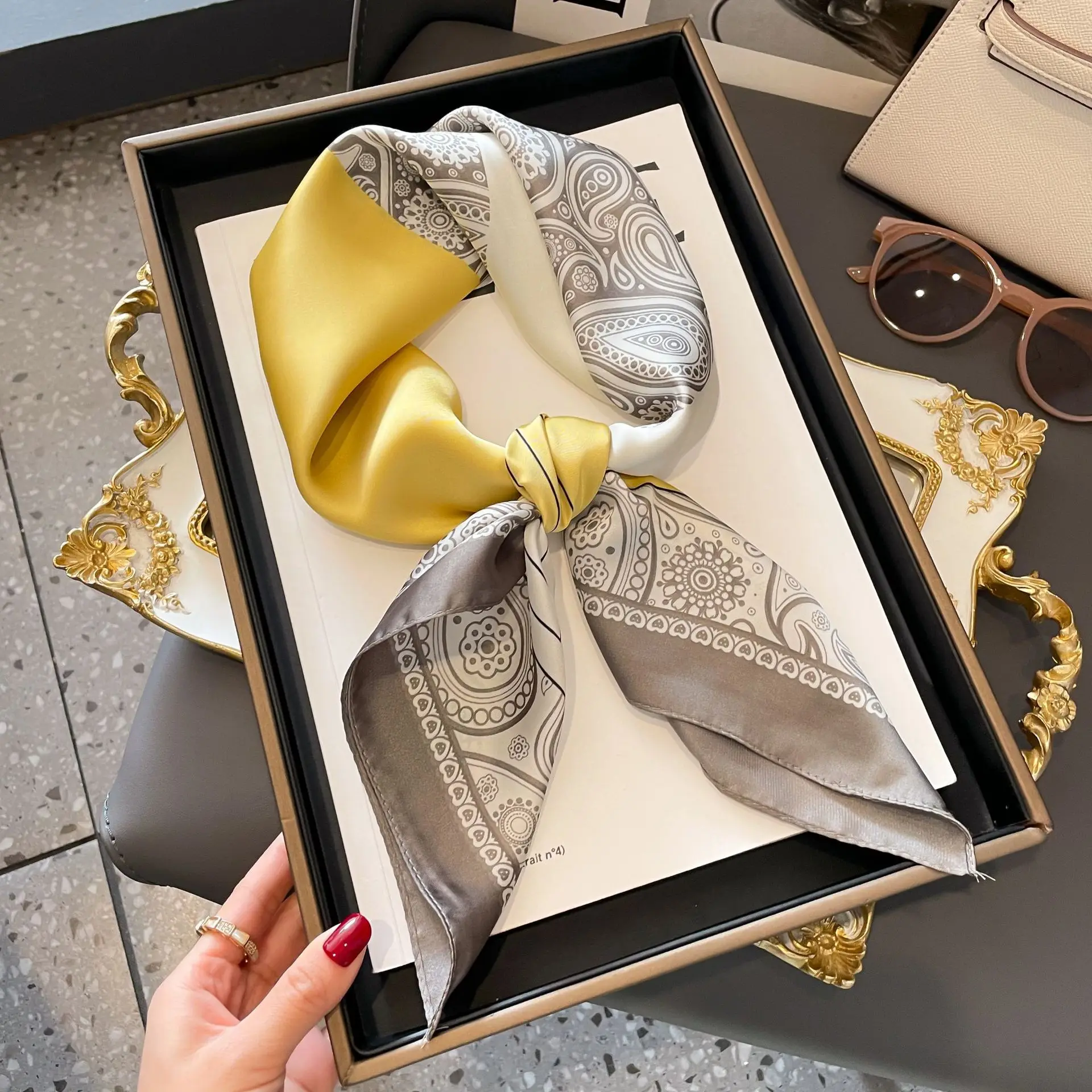 Luxury Design Silk Shawl Square Scarf For Women Satin Hijab Fashion Wraps Neckerchief Female Hair Bands Ribbon Headband Bandana