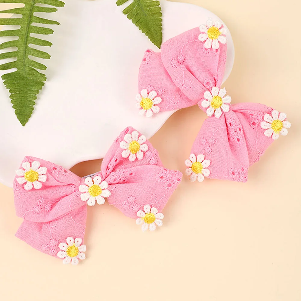 2Pcs Pink Flower Hair Clip Sweet Handmade 100% Cotton Ribbon Floral Bow Hairpin For Girl Children Baby Accessories Kids Headwear