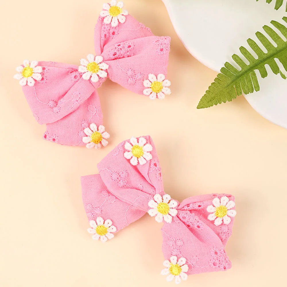 2Pcs Pink Flower Hair Clip Sweet Handmade 100% Cotton Ribbon Floral Bow Hairpin For Girl Children Baby Accessories Kids Headwear