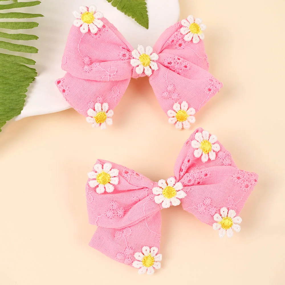 2Pcs Pink Flower Hair Clip Sweet Handmade 100% Cotton Ribbon Floral Bow Hairpin For Girl Children Baby Accessories Kids Headwear