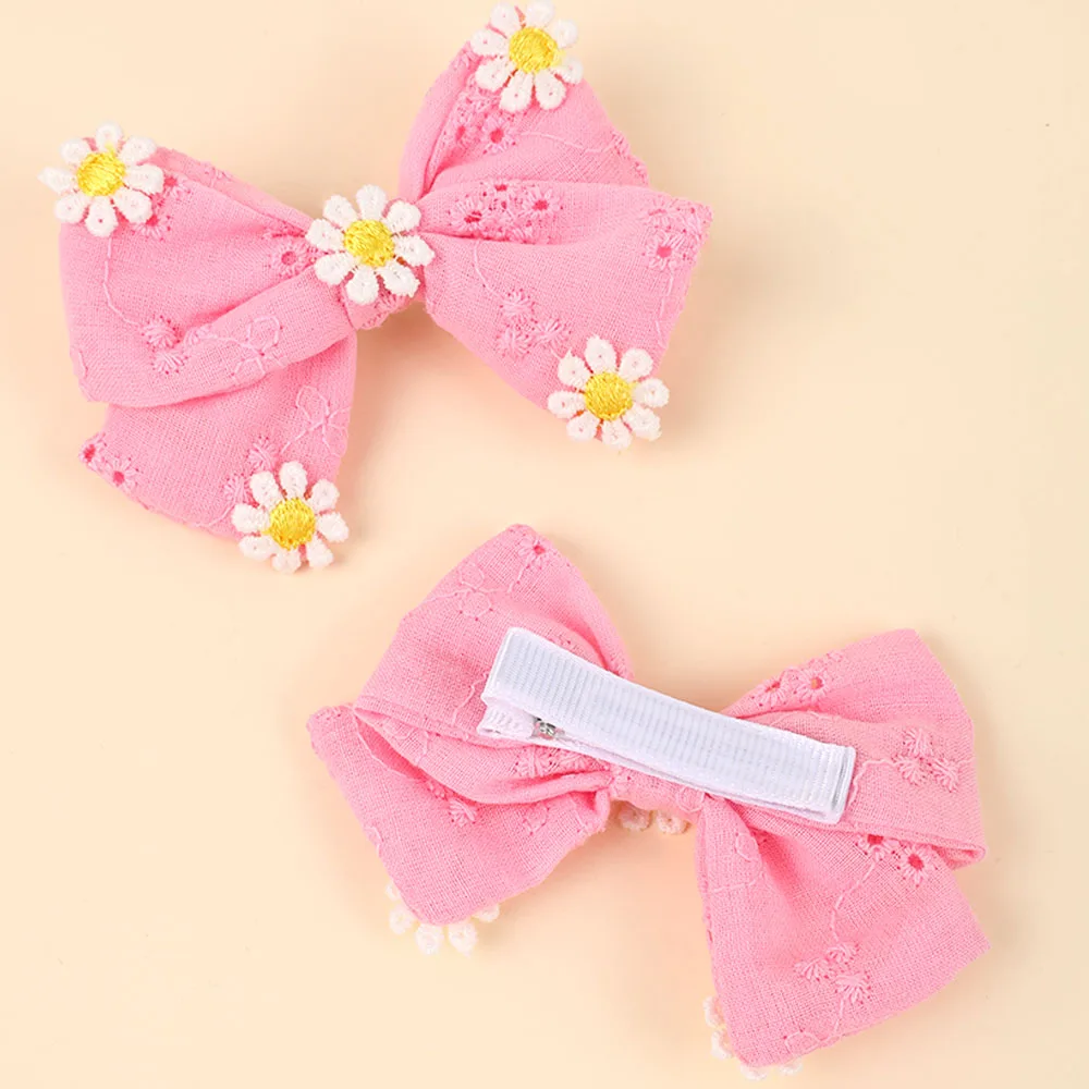 2Pcs Pink Flower Hair Clip Sweet Handmade 100% Cotton Ribbon Floral Bow Hairpin For Girl Children Baby Accessories Kids Headwear
