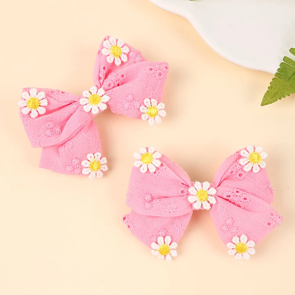 2Pcs Pink Flower Hair Clip Sweet Handmade 100% Cotton Ribbon Floral Bow Hairpin For Girl Children Baby Accessories Kids Headwear