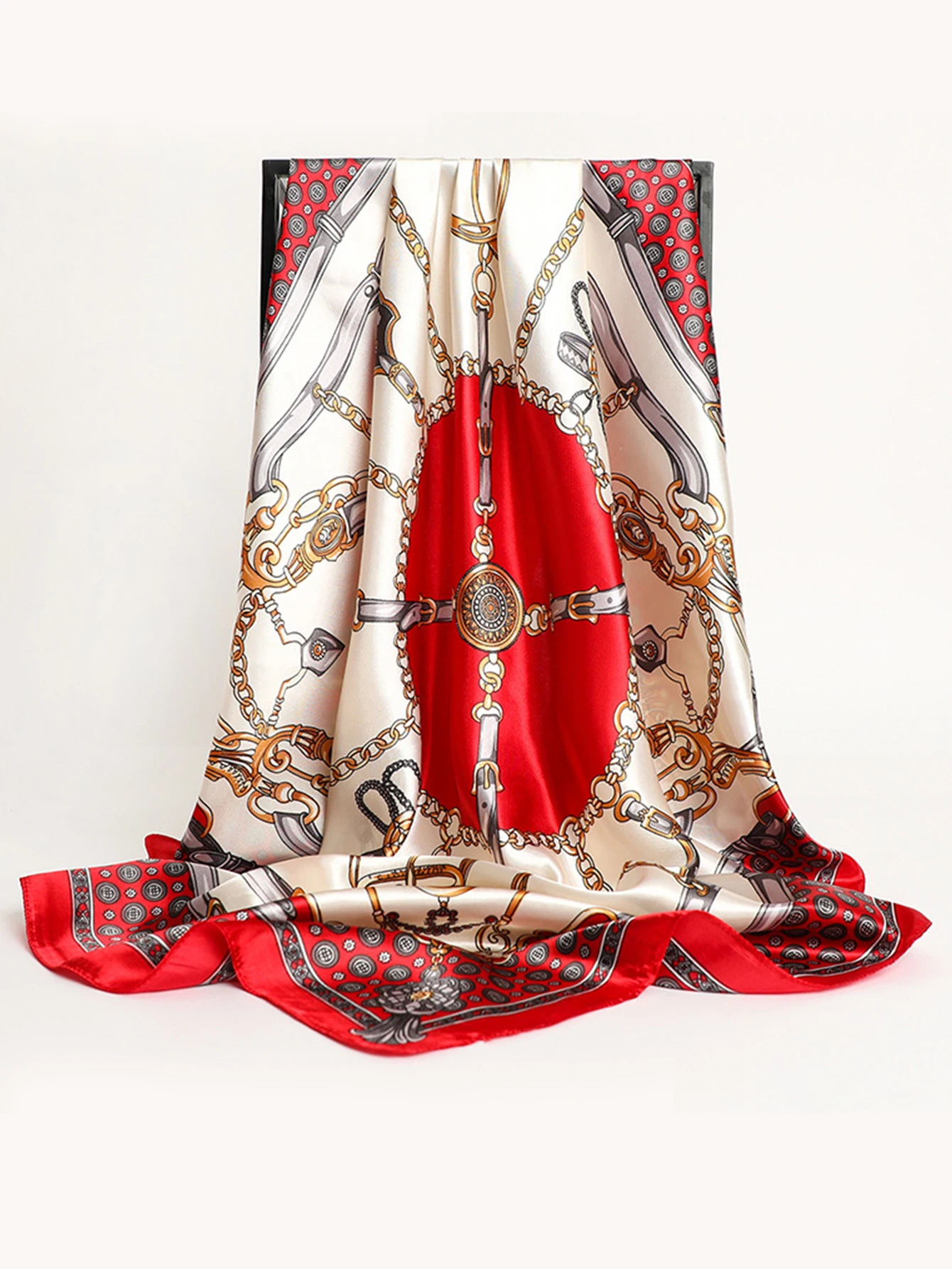 Fashion 90cm Square Silk Scarves Women Hijab Satin Print Kerchief Femme Head Scarf Foulard Bandana Beach Pareo Shawl Wrap Hijab