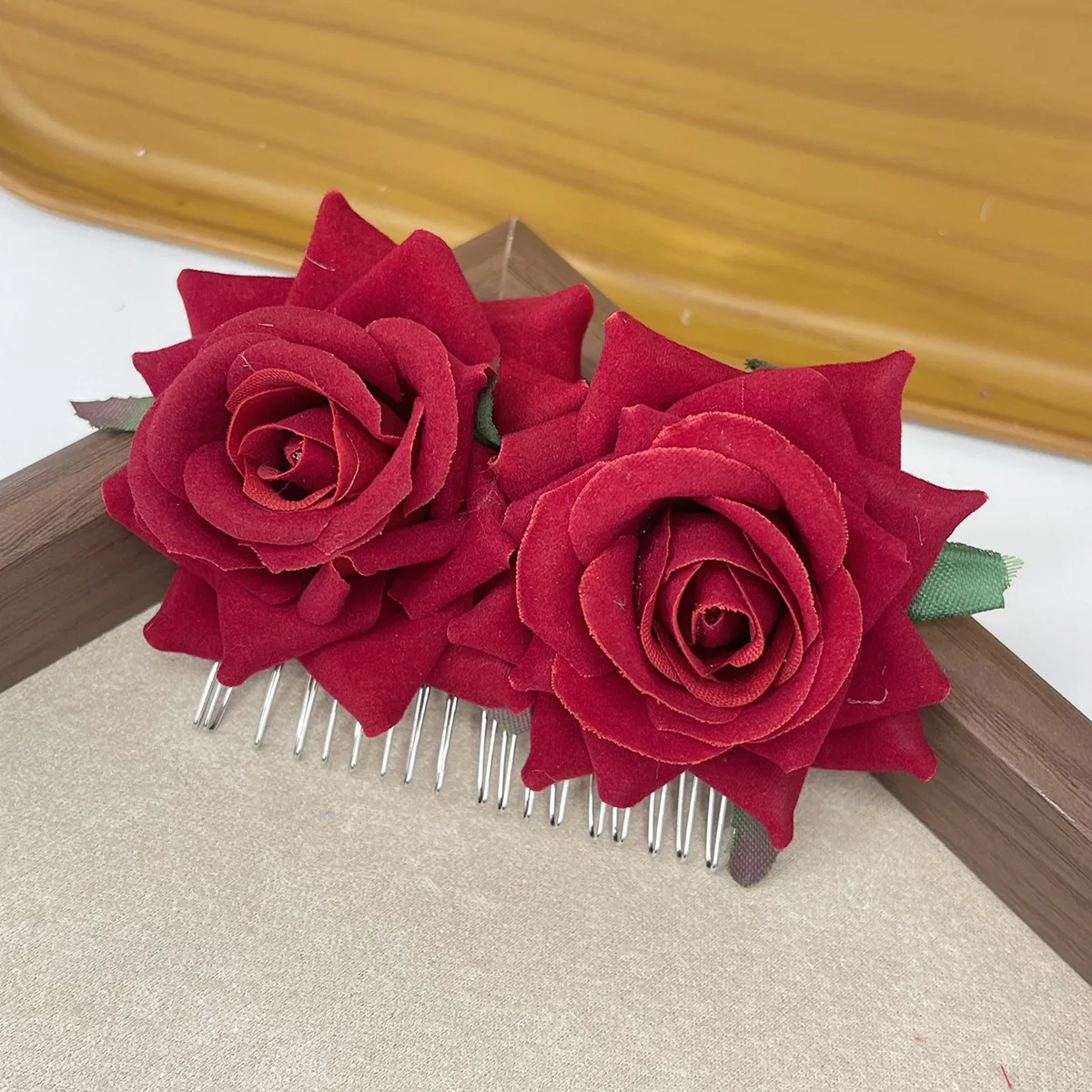 1pc Velvet Rose Hair Clip, Metal Brush Hairpin Hair Comb, Vacation Wedding Hair Ornament