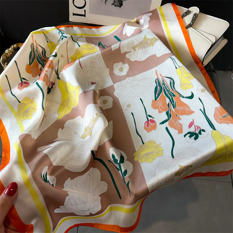Scarf For Women Fashion Flower Print Neckerchief Luxury Bandanna Breathable Square Scarf Spring/Sunmmer Headband Hijab Scarves