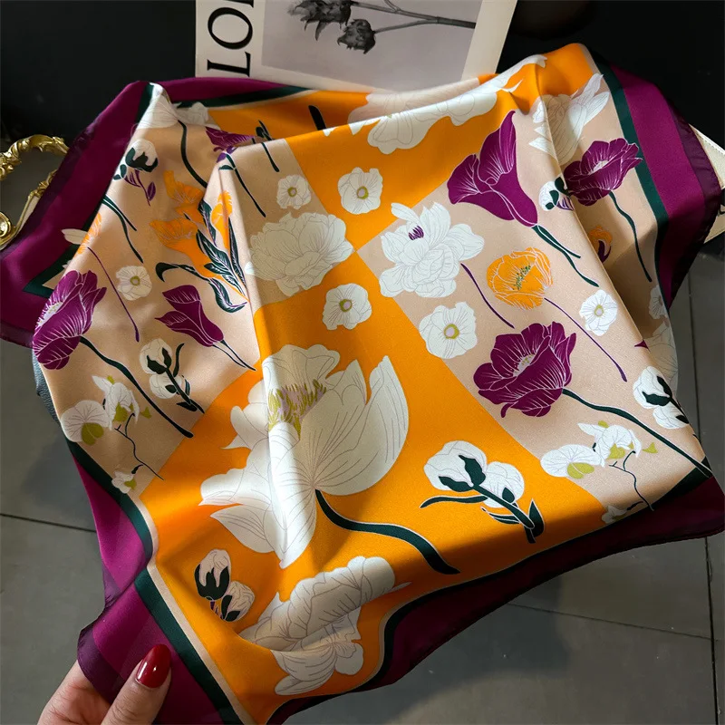 Scarf For Women Fashion Flower Print Neckerchief Luxury Bandanna Breathable Square Scarf Spring/Sunmmer Headband Hijab Scarves