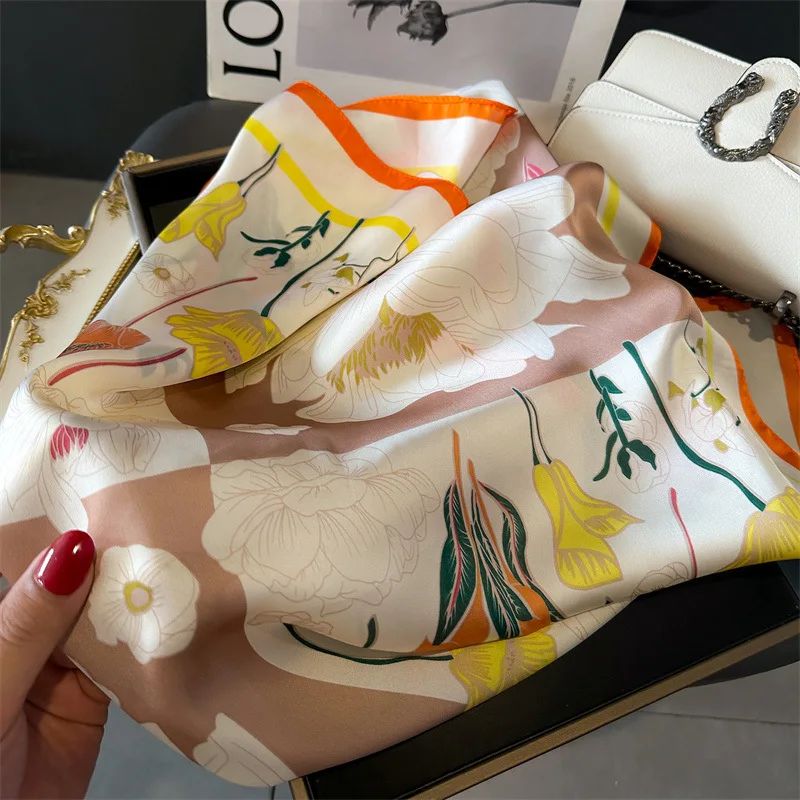 Scarf For Women Fashion Flower Print Neckerchief Luxury Bandanna Breathable Square Scarf Spring/Sunmmer Headband Hijab Scarves