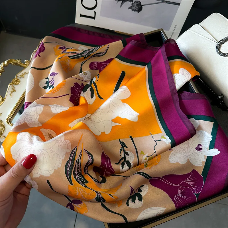 Scarf For Women Fashion Flower Print Neckerchief Luxury Bandanna Breathable Square Scarf Spring/Sunmmer Headband Hijab Scarves