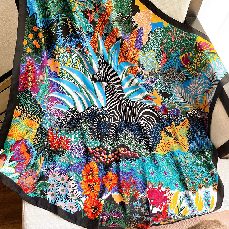 Luxury Brand Square Silk Scarf Women Satin Print Hijab Scarves Muslim Pareo Bandana Female Shawl Wrap Headband Foulard 90*90cm