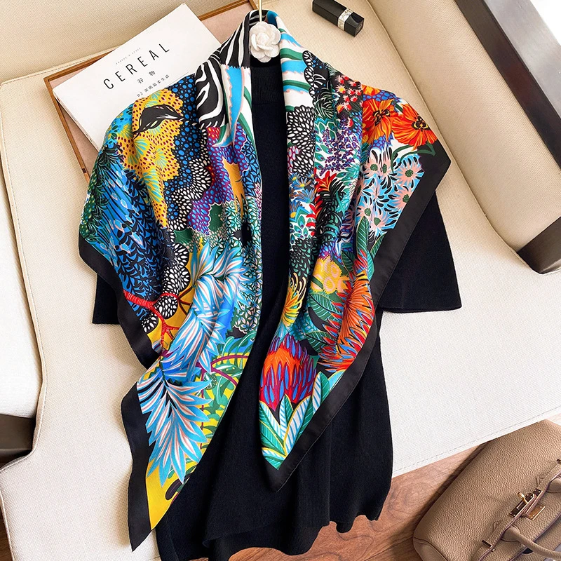 Luxury Brand Square Silk Scarf Women Satin Print Hijab Scarves Muslim Pareo Bandana Female Shawl Wrap Headband Foulard 90*90cm