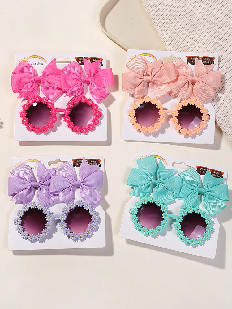 3Pcs/set Cute Girl Bow Hairclips Retro Flower Sunglasses for Kids Printing Handmade Hairgripes Kids Headwear Glasses Accessories