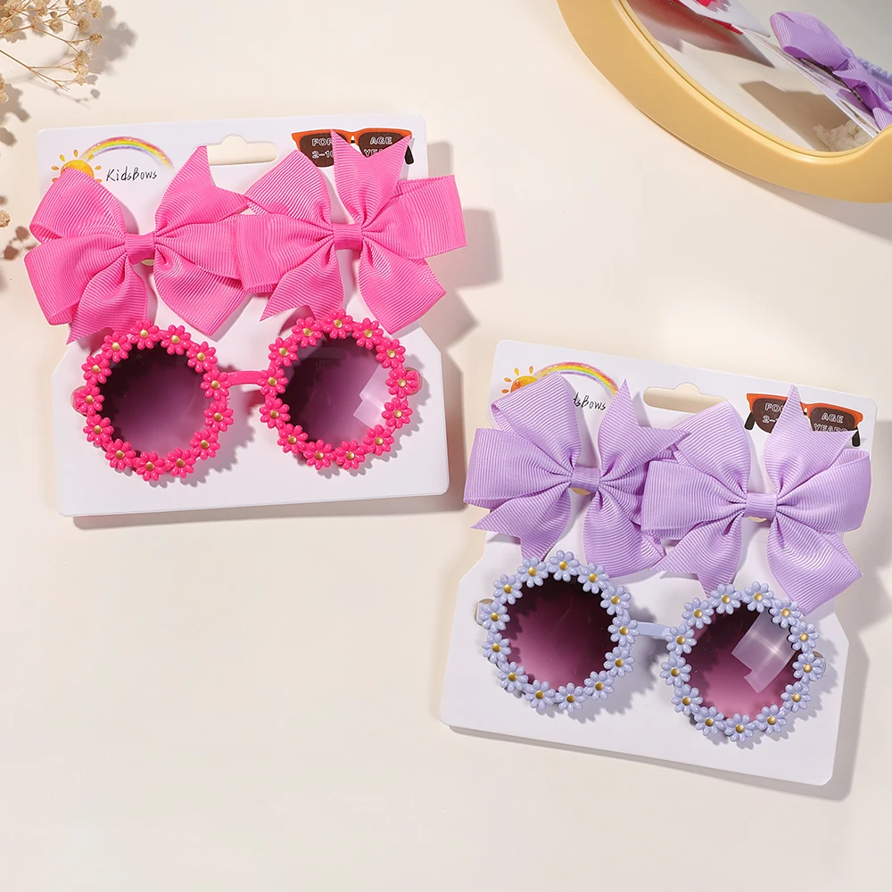 3Pcs/set Cute Girl Bow Hairclips Retro Flower Sunglasses for Kids Printing Handmade Hairgripes Kids Headwear Glasses Accessories