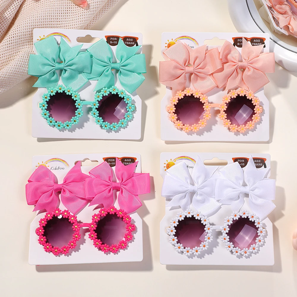 3Pcs/set Cute Girl Bow Hairclips Retro Flower Sunglasses for Kids Printing Handmade Hairgripes Kids Headwear Glasses Accessories