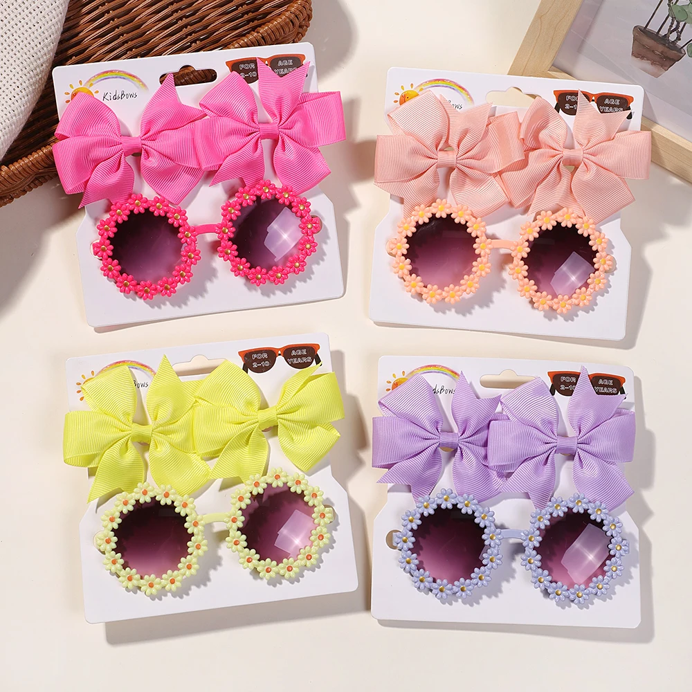 3Pcs/set Cute Girl Bow Hairclips Retro Flower Sunglasses for Kids Printing Handmade Hairgripes Kids Headwear Glasses Accessories
