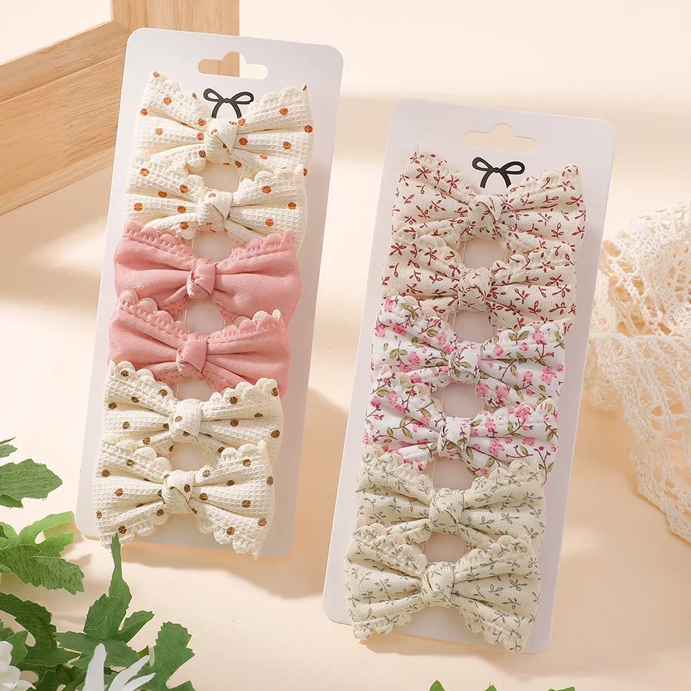 RAINBOW BOWS 2/6pcs Floral Print Hair Bow Clips for Girls Lace Side Pastoral Cotton Hairpin Barrettes Headwear Hair Accessories