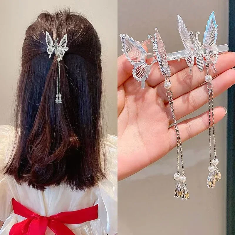 2pcs/set Women Butterfly Hairpin Vintage Elegant Tassel Hair Clip Moving for Girls Bangs Side Clip Trembling Hairpin Headdress