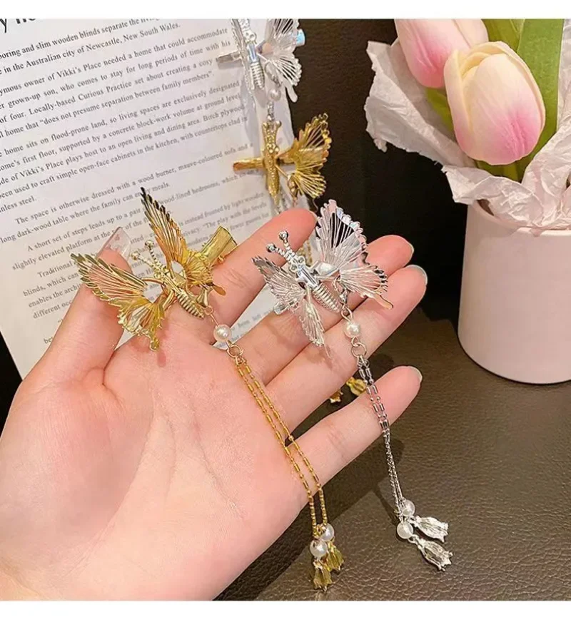 2pcs/set Women Butterfly Hairpin Vintage Elegant Tassel Hair Clip Moving for Girls Bangs Side Clip Trembling Hairpin Headdress