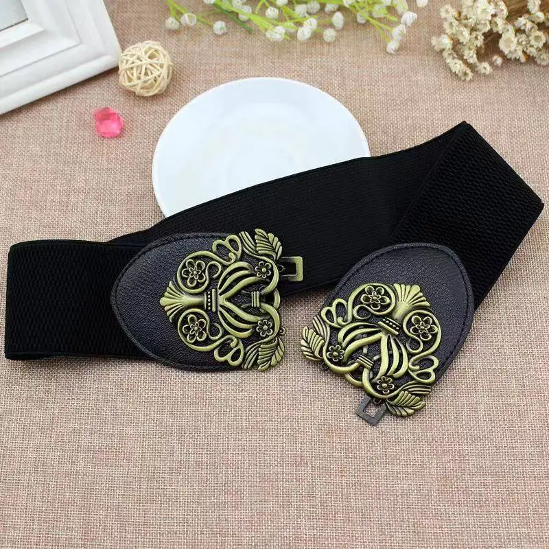 Ladies Wide Belt Vintage Buckle Waist Belt Women Elastic Stretch Corset Waistband PU Leather Dress Coat Decorative Belt