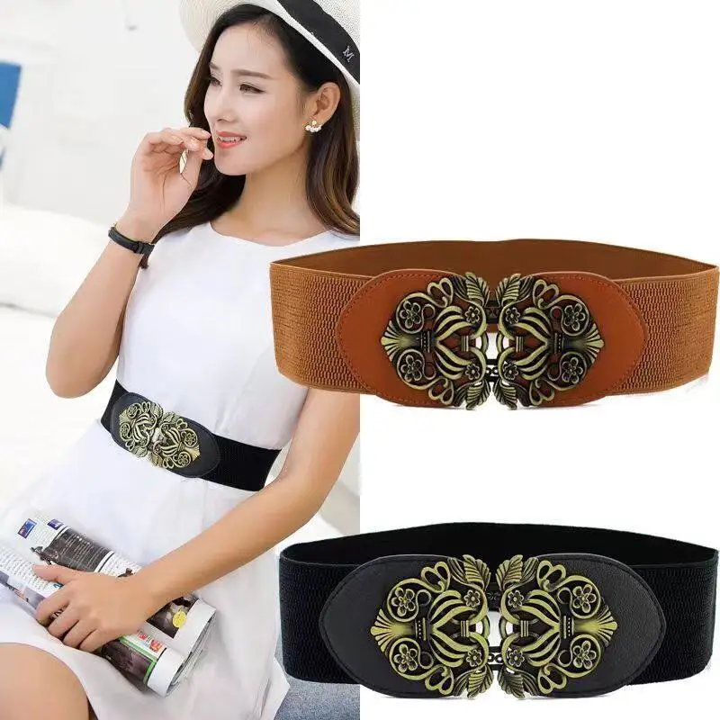 Ladies Wide Belt Vintage Buckle Waist Belt Women Elastic Stretch Corset Waistband PU Leather Dress Coat Decorative Belt