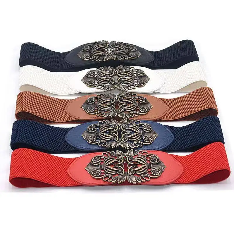 Ladies Wide Belt Vintage Buckle Waist Belt Women Elastic Stretch Corset Waistband PU Leather Dress Coat Decorative Belt