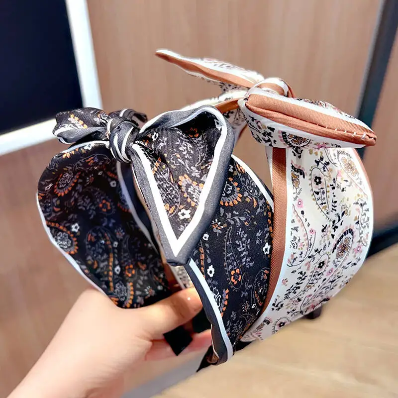 Fashion Paisley Headband for Women Wide-Brimmed Floral Hairband with Bow Tie and Rabbit Ears Turban Headwrap Girls Accessories