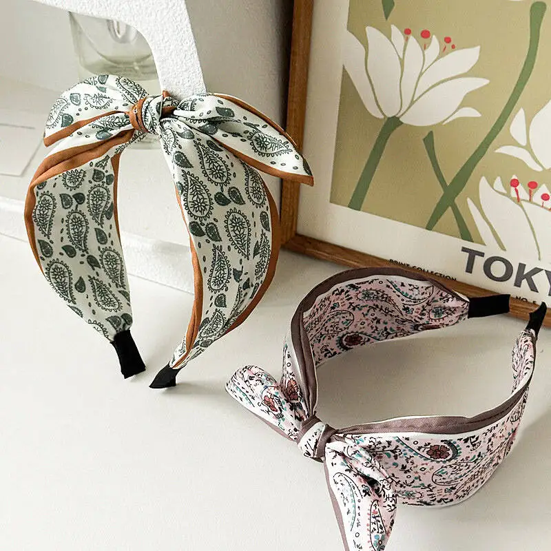 Fashion Paisley Headband for Women Wide-Brimmed Floral Hairband with Bow Tie and Rabbit Ears Turban Headwrap Girls Accessories