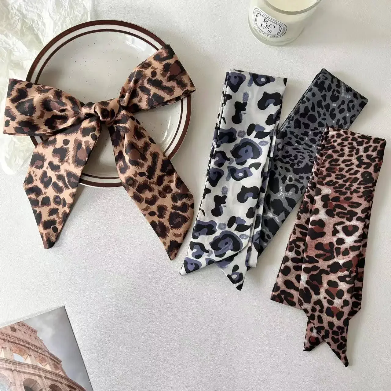 4pcs/set Scarf Women Fashion Leopard Print Hair Bands Imitation Silk Satin Bag Handle Ribbon Tie Neckerchief Foulard