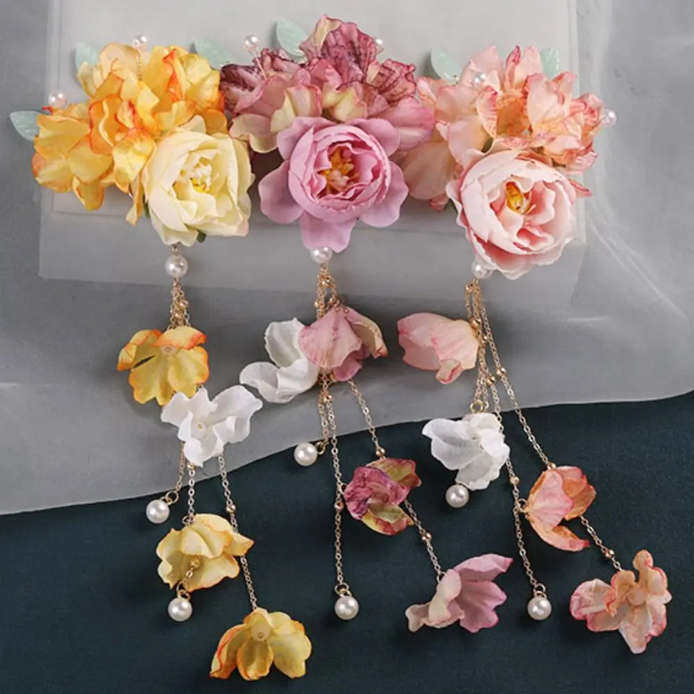 New Artificial Flower Floral Hairpin Forks U-shaped Tassel Hair Clip Fork Vinatge Chinese Style Tassel Headwear Hanfu