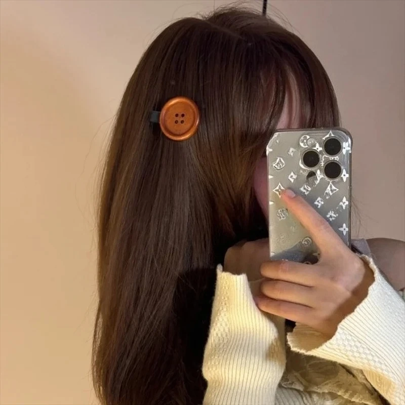 Retro Brown Cute Button Hair Clip Fun Woody Texture Sweet Side Clip Hair Hairpin Children's Accessories Kids Gift Women Girls