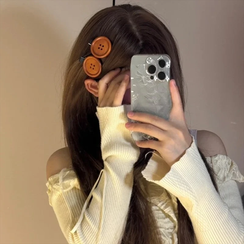 Retro Brown Cute Button Hair Clip Fun Woody Texture Sweet Side Clip Hair Hairpin Children's Accessories Kids Gift Women Girls