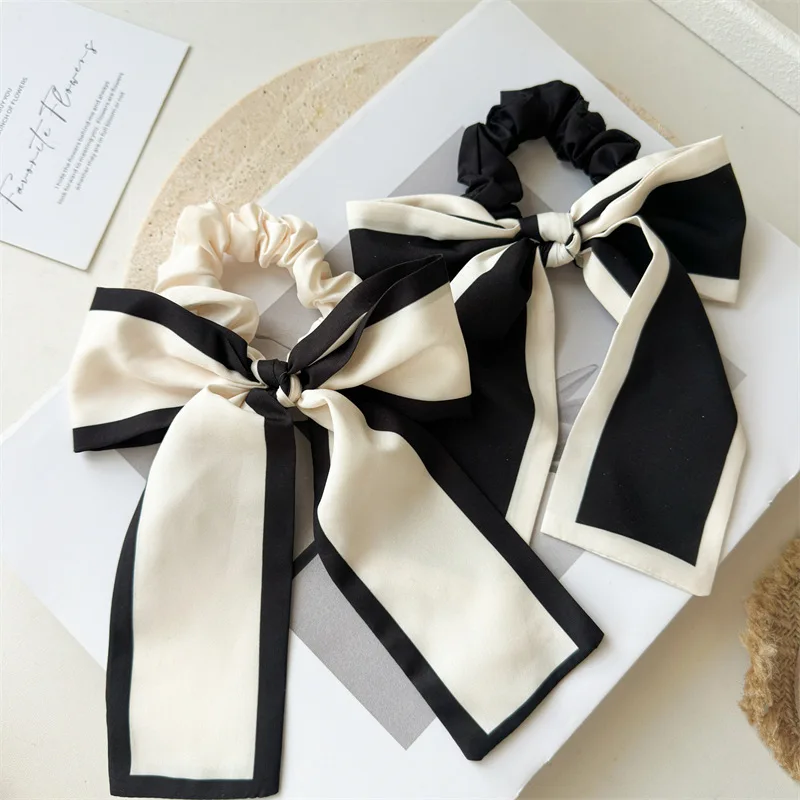 1Pc Fashion Solid Bow Ribbon Tassel Hair Scrunchies Elastic Hair Bands For Women Hair Tie Party Ponytail Ribbon Hair Accessories