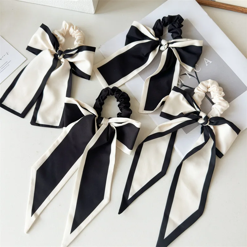 1Pc Fashion Solid Bow Ribbon Tassel Hair Scrunchies Elastic Hair Bands For Women Hair Tie Party Ponytail Ribbon Hair Accessories