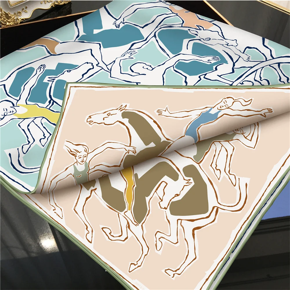 POBING Hand Rolled Twill Silk Scarf Women Horse Dancer Double Side Print Square Scarves Wraps Echarpes Foulards Femme Hijab 90CM