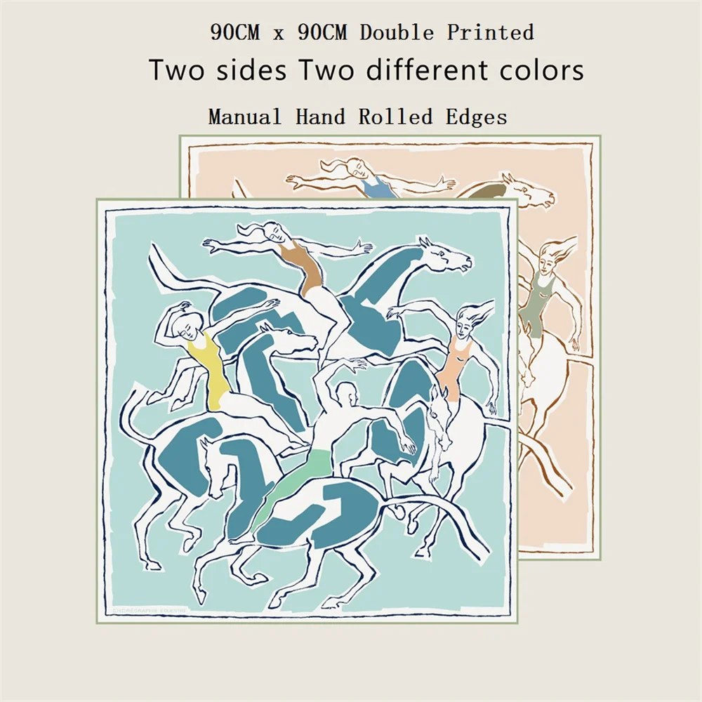 POBING Hand Rolled Twill Silk Scarf Women Horse Dancer Double Side Print Square Scarves Wraps Echarpes Foulards Femme Hijab 90CM