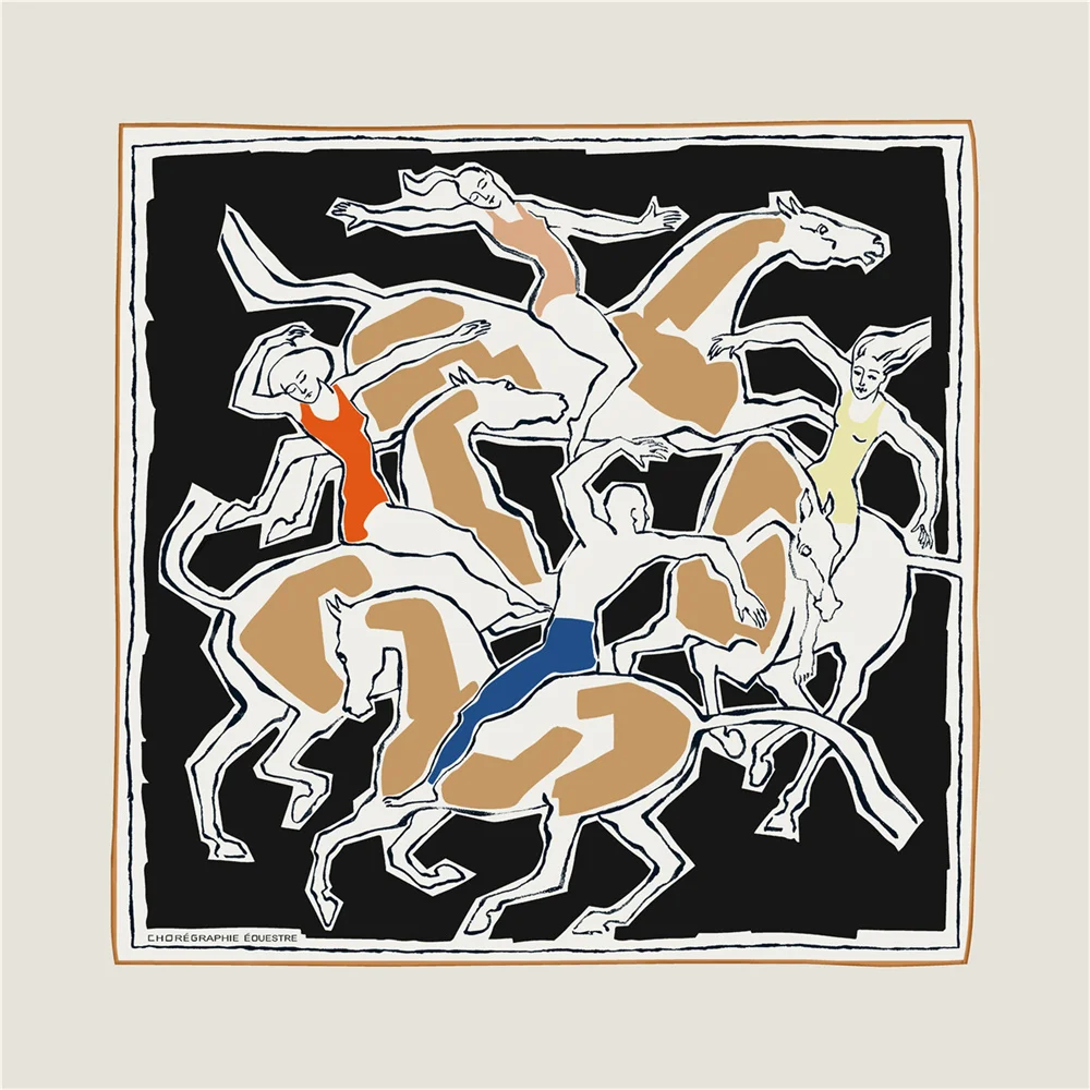POBING Hand Rolled Twill Silk Scarf Women Horse Dancer Double Side Print Square Scarves Wraps Echarpes Foulards Femme Hijab 90CM