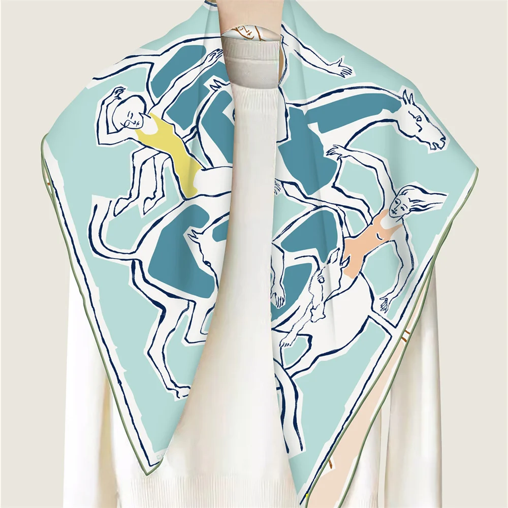 POBING Hand Rolled Twill Silk Scarf Women Horse Dancer Double Side Print Square Scarves Wraps Echarpes Foulards Femme Hijab 90CM